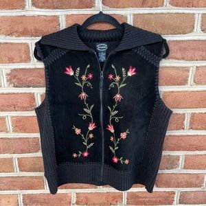 Black suede and knit floral vest. Size Medium